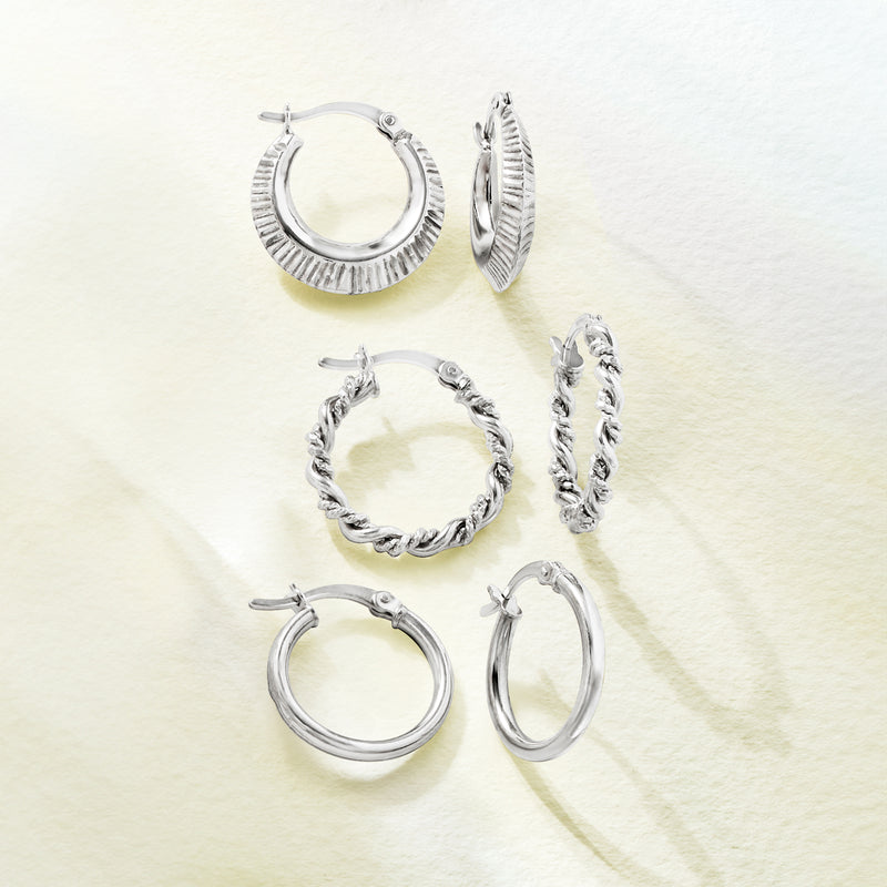 Sterling silver hoop earrings set, three pairs including ribbed and twisted styles