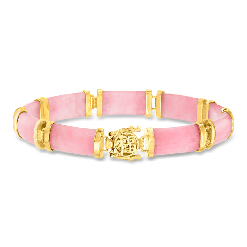 Pink jade bangle bracelet with gold over sterling Good Fortune charm