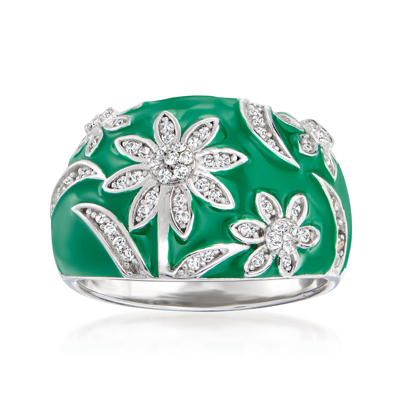Sterling silver flower ring with green enamel and white topaz-style stones, domed band