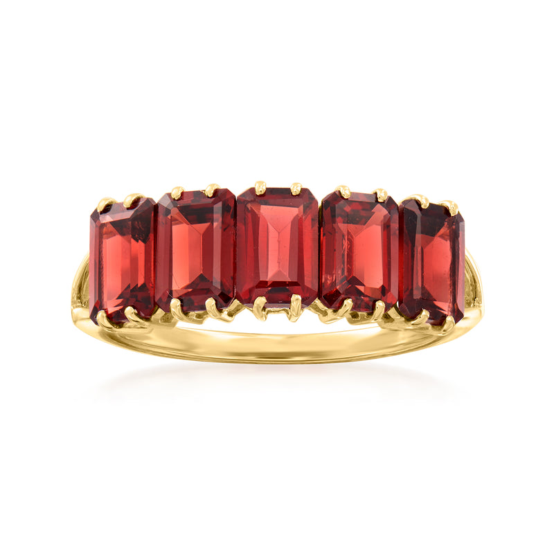 14kt yellow gold ring with five red garnet, emerald-cut style stones