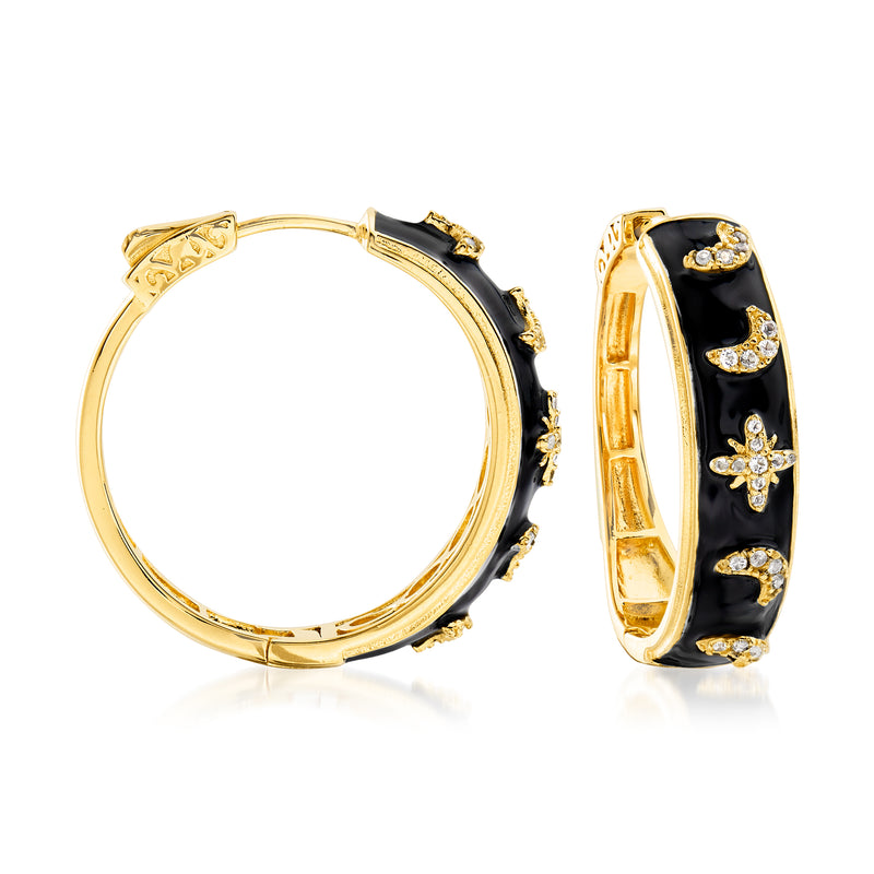 18kt gold over sterling hoop earrings with black enamel and white topaz star accents