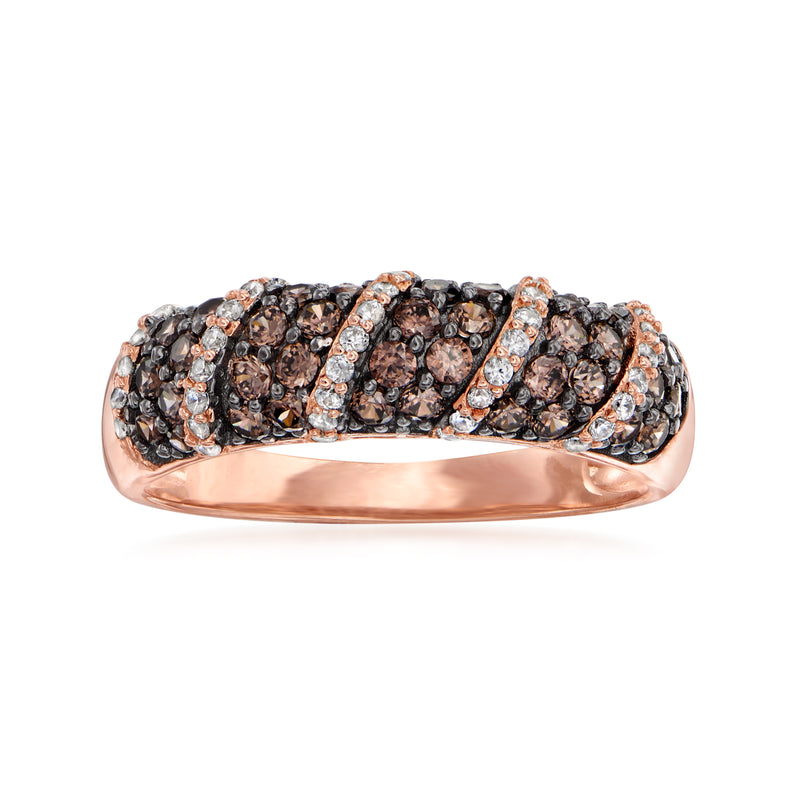 Rose gold over sterling CZ swirl ring with brown and clear stones