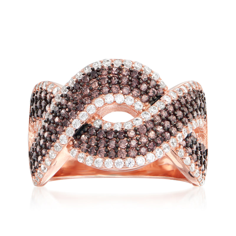 Rose gold crisscross CZ ring with brown center and white stones, 18kt over sterling