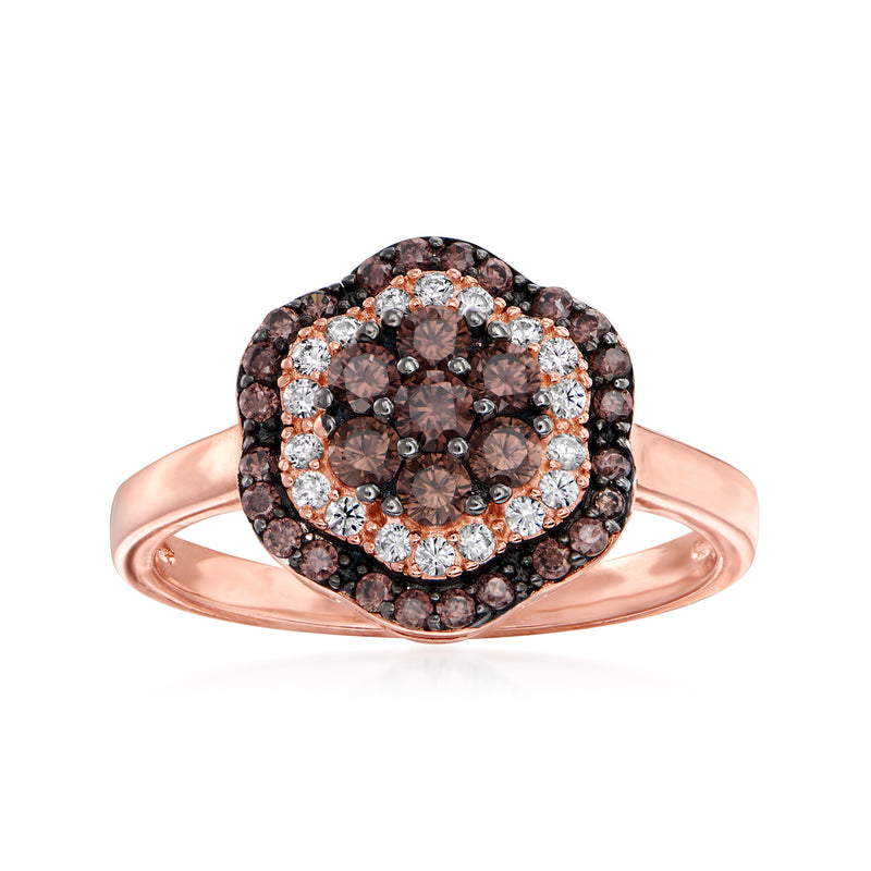 Rose gold CZ ring with dark brown center halo of white stones, circular cluster