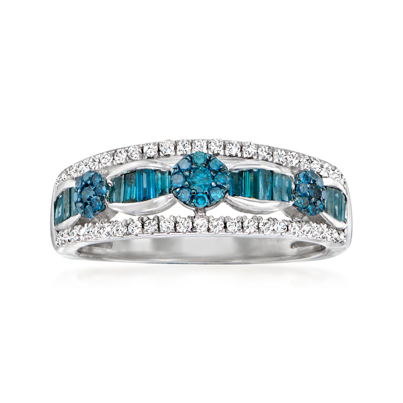 Sterling silver ring with white and blue diamonds and three blue stone clusters