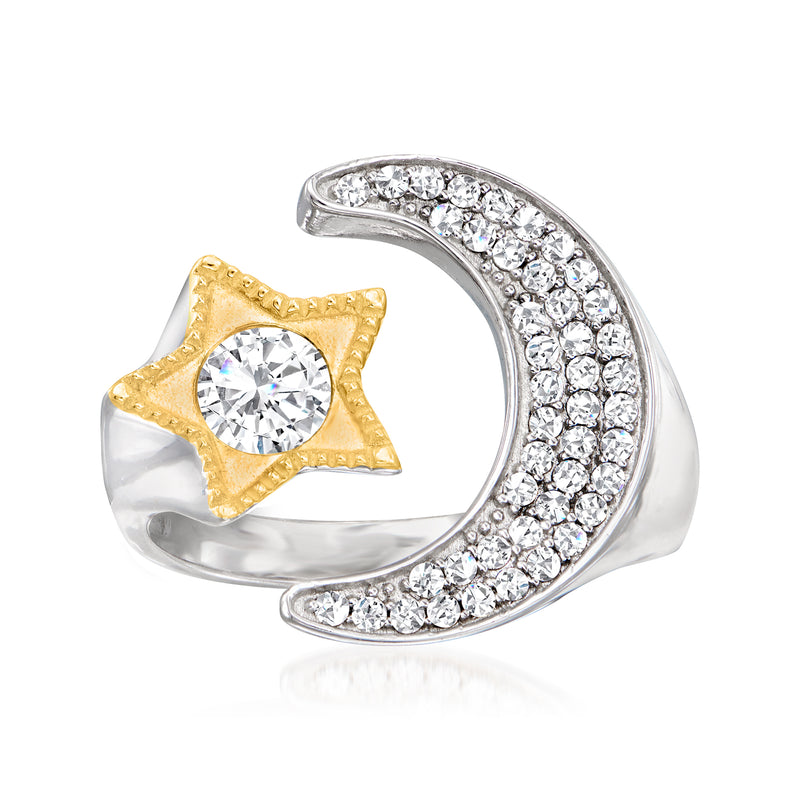 Two-tone sterling silver crescent moon and star ring with white topaz