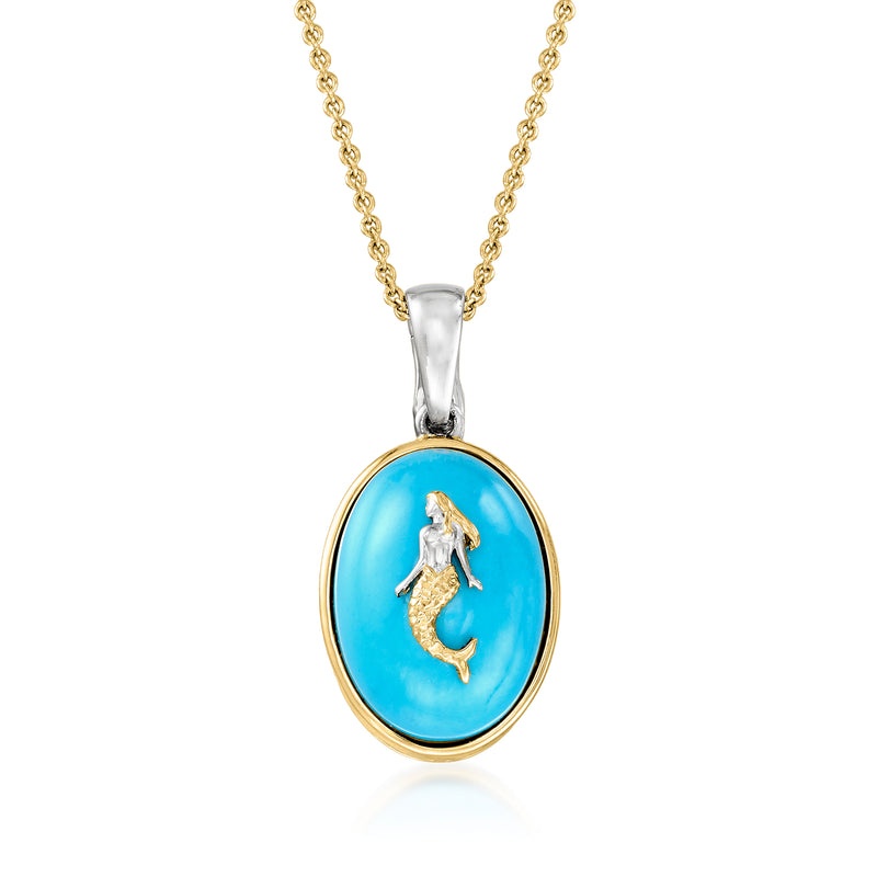 Mermaid pendant necklace with turquoise oval stone and gold-tone chain