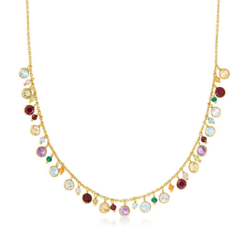 Gold over sterling multi-gemstone necklace with round multicolor stones