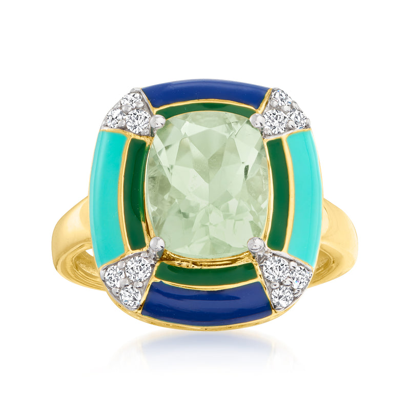 Multicolored enamel and gem ring with large light green cushion stone center in gold