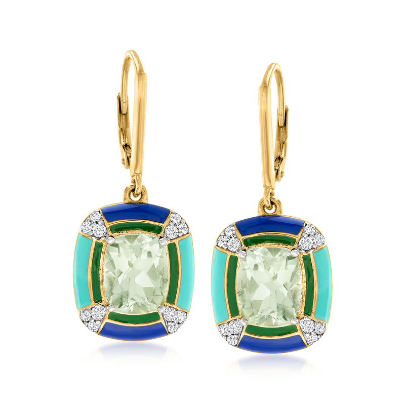 Gold-tone leverback drop earrings with mint-green center stone, blue/green enamel, and clear accents