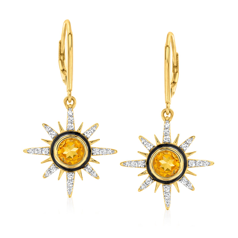 18kt gold over sterling citrine sunburst drop earrings with white topaz rays and black enamel