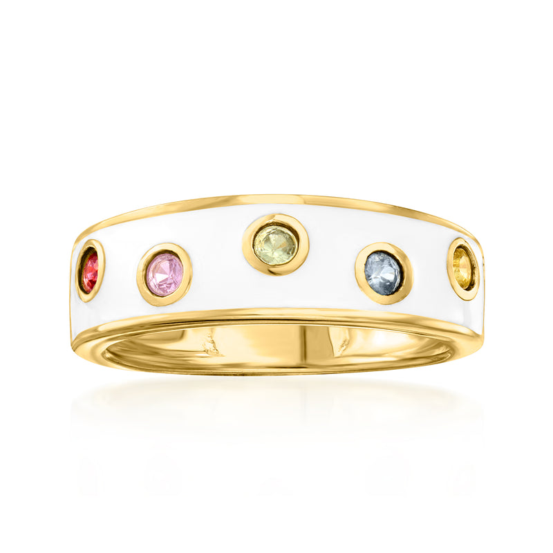 Gold over sterling ring with white enamel band and five multicolored sapphire-style stones