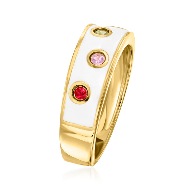 Gold over sterling ring with white enamel top and multicolored round gemstone accents