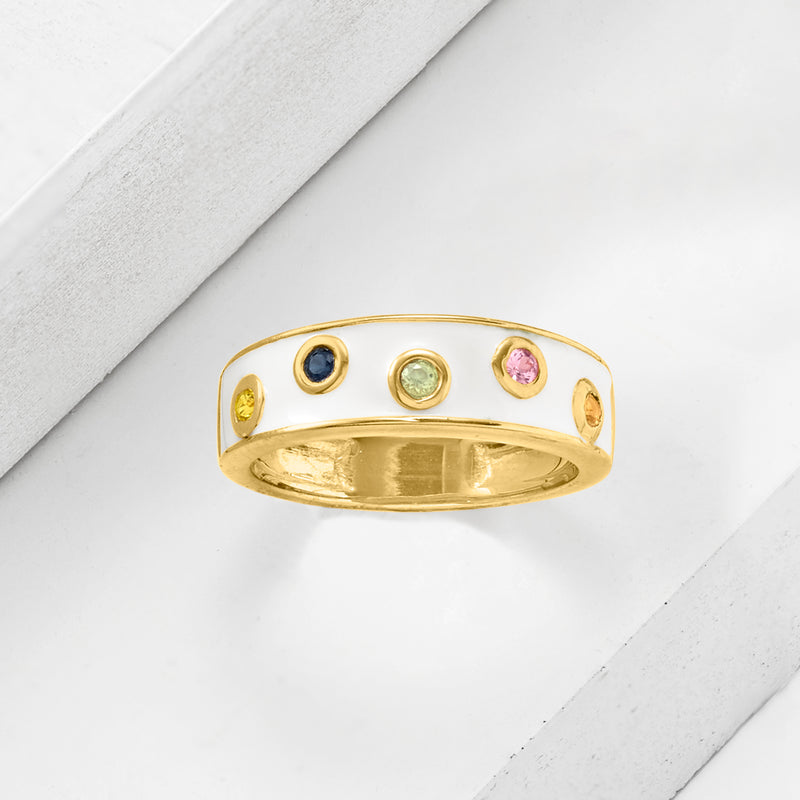 Gold over sterling ring with white enamel face and round blue, green, pink, and yellow stones