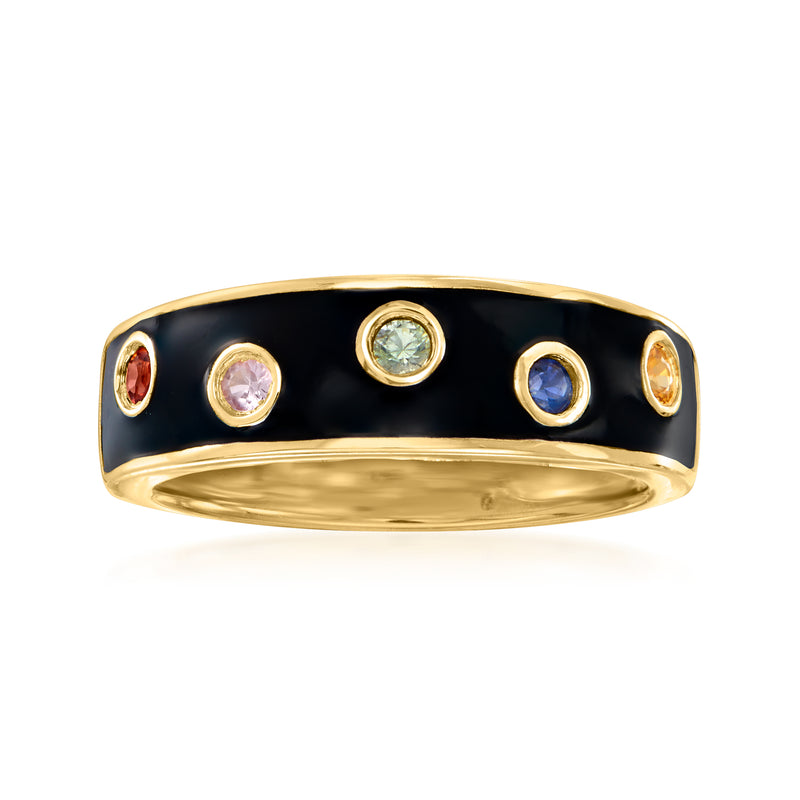 18kt gold over sterling ring with black enamel and multicolor sapphire stones