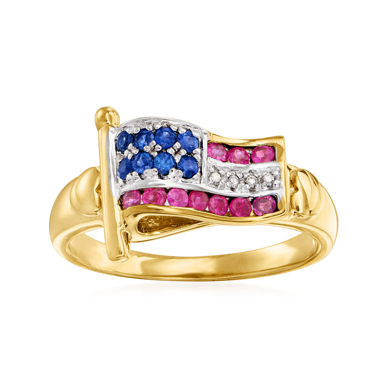 American flag ring in 18kt gold, with ruby, sapphire, and diamond accent details