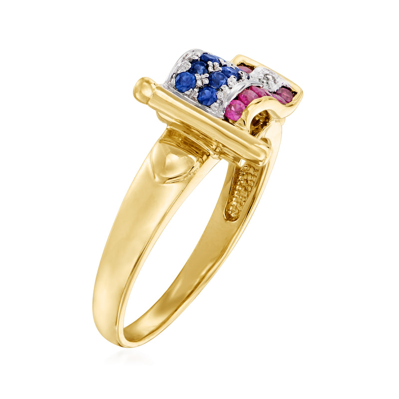 American flag ring side view in gold with blue and pink gemstone and diamond accents