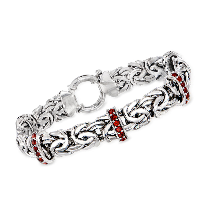 Sterling silver Byzantine chain bracelet with red garnet station settings
