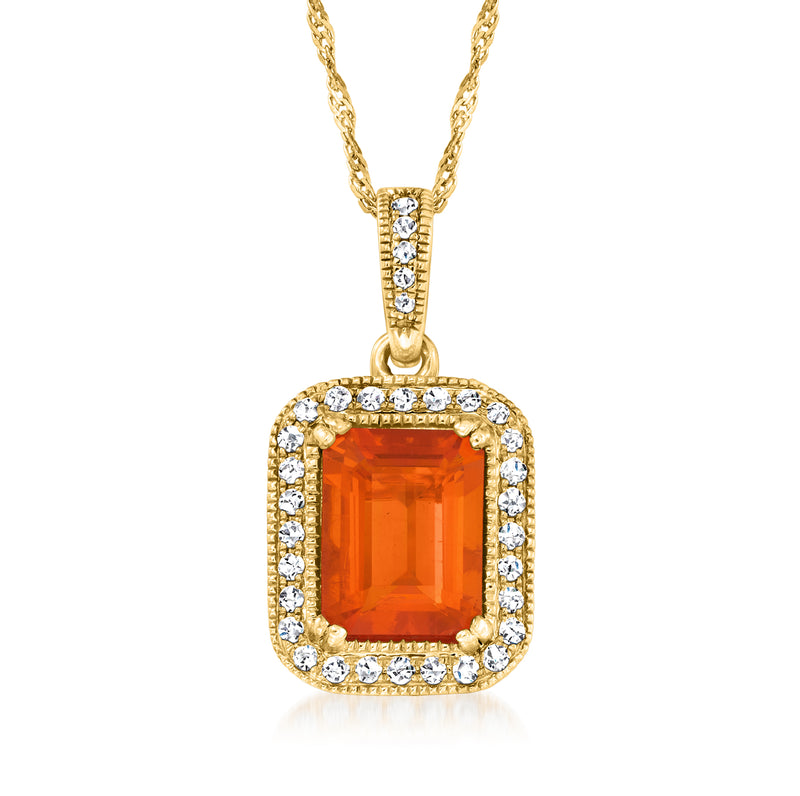 14kt yellow gold pendant necklace with orange rectangular fire opal and diamond halo