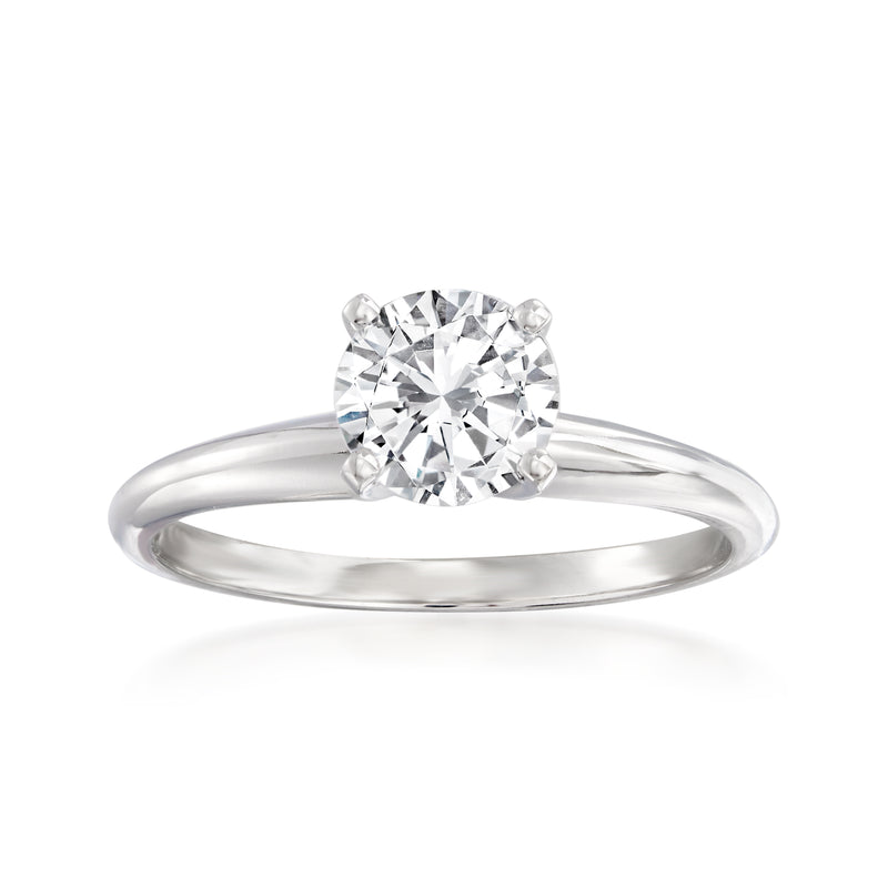 Platinum solitaire diamond ring with round center stone, raised prongs, slim band
