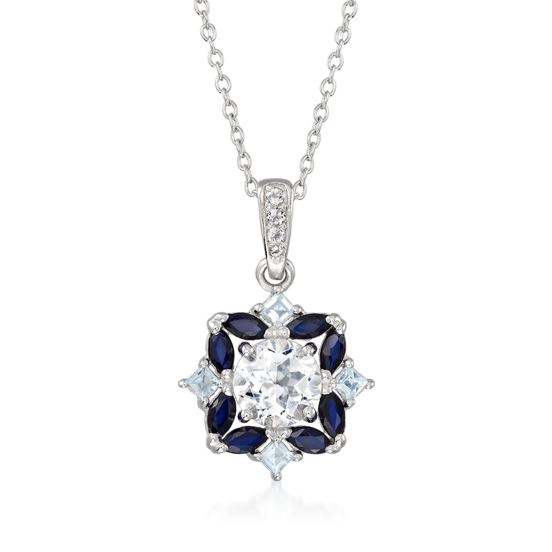 Sterling silver multi-gem pendant necklace with round white topaz and blue accents