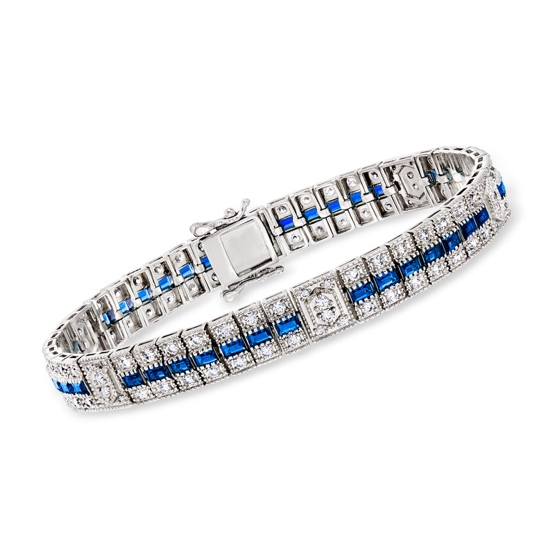 Sterling silver tennis bracelet with blue simulated sapphires and clear CZ stones