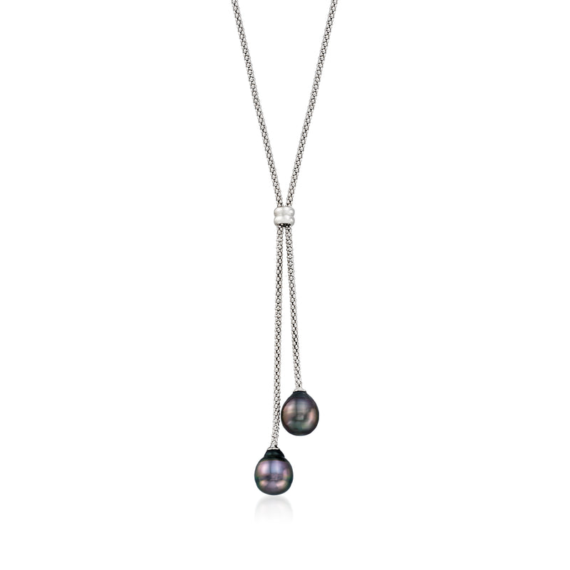 Sterling silver Y-necklace with two dark iridescent pearls and chain tassel