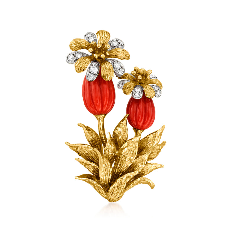 18kt yellow gold flower pin with red coral drops and diamond accents