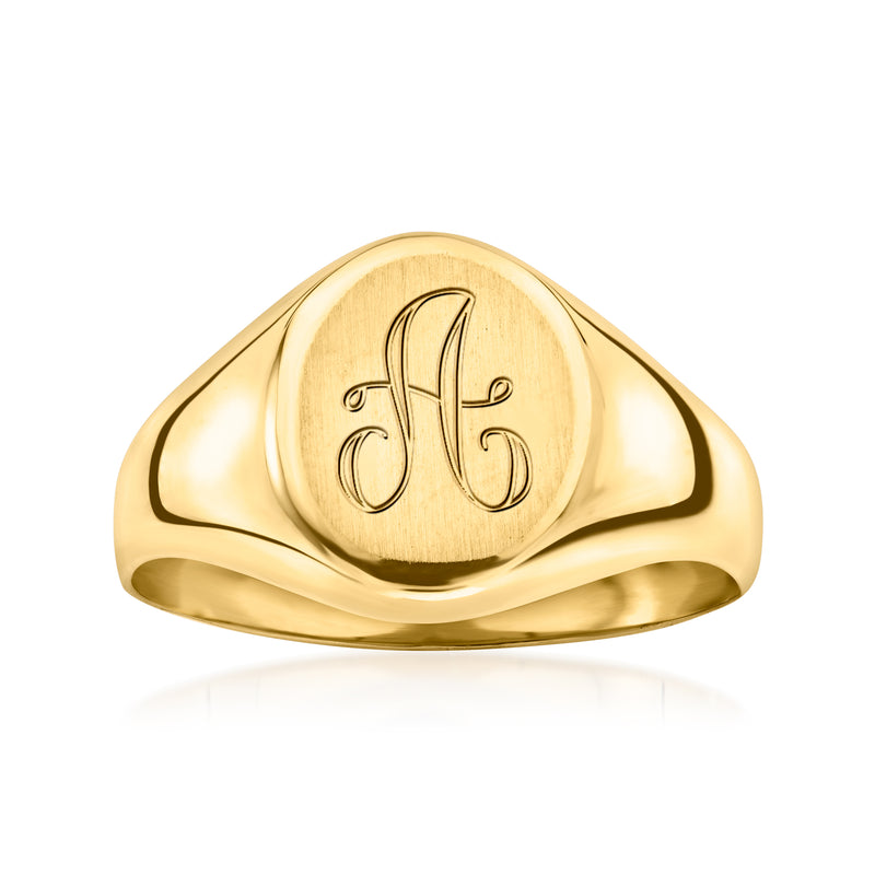 Yellow gold signet ring with engraved initial monogram on domed face