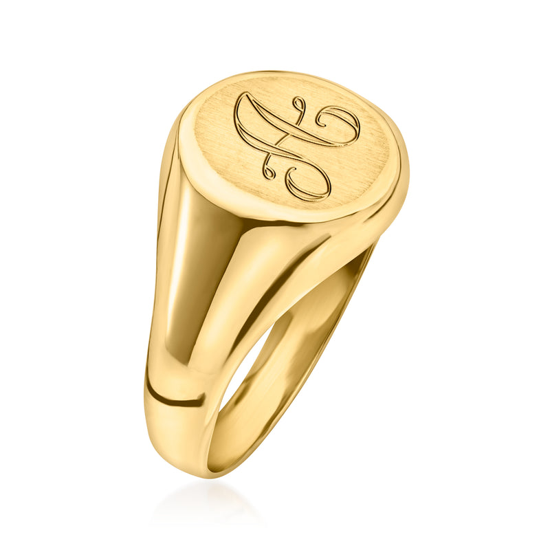 Yellow gold signet ring with monogram engraving, side profile view