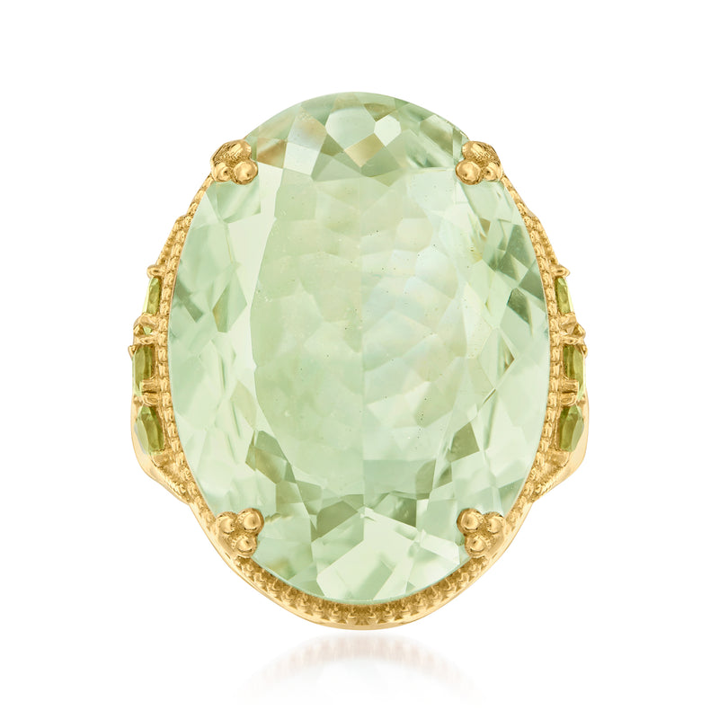 Gold over sterling ring with large pale green faceted prasiolite center stone