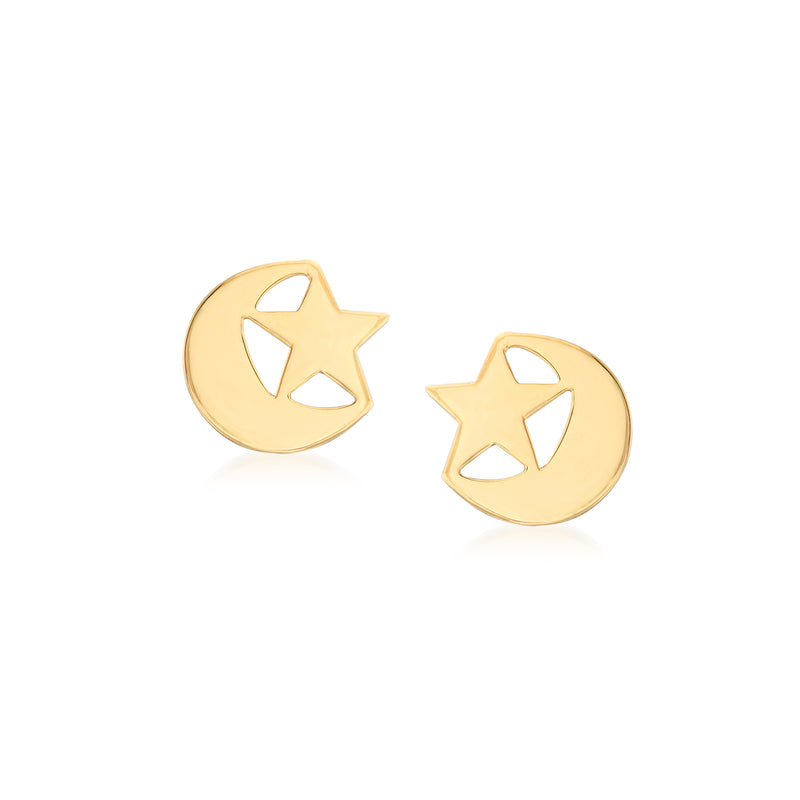 14kt yellow gold star and moon stud earrings, round moon with raised star details
