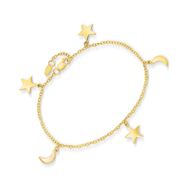 14kt yellow gold charm bracelet with crescent moon and three star charms