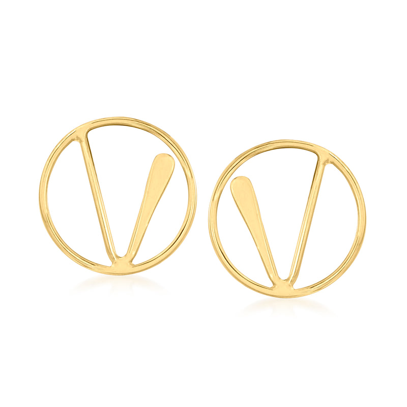 14kt yellow gold circle openwork linear post earrings with V-shaped cutouts