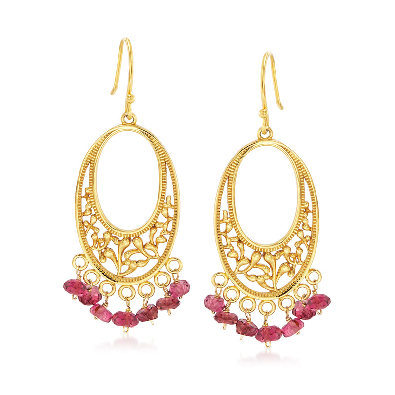 Gold-tone openwork drop earrings with pink gemstones, oval filigree and earwire