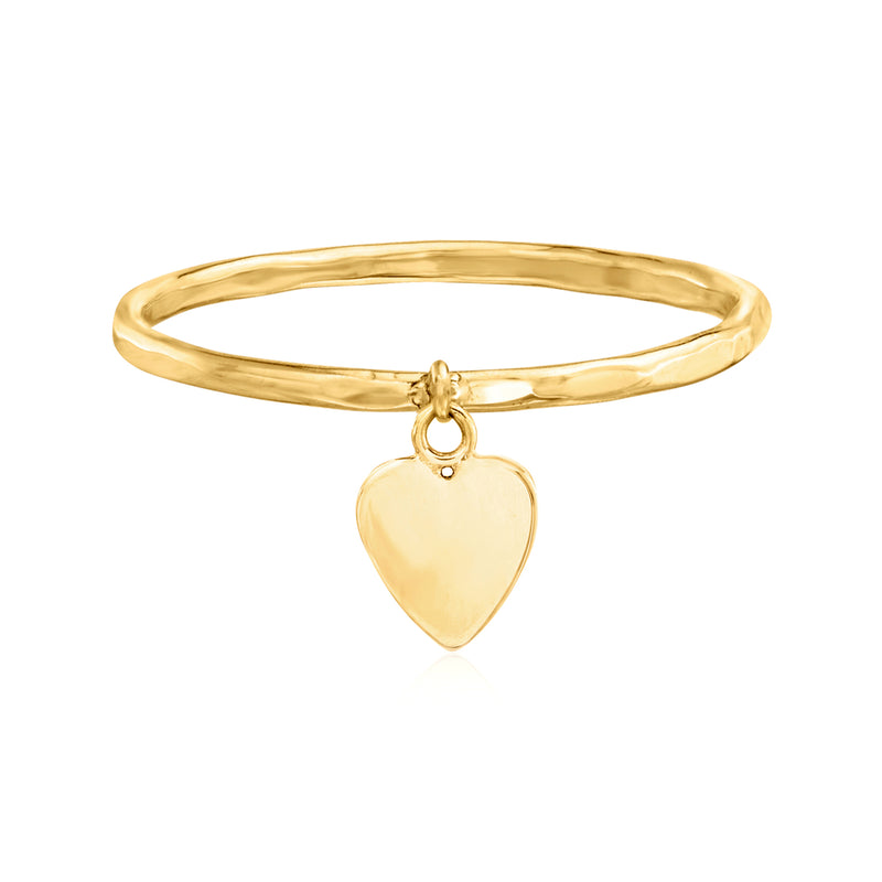 Yellow gold heart charm ring with dangling heart pendant