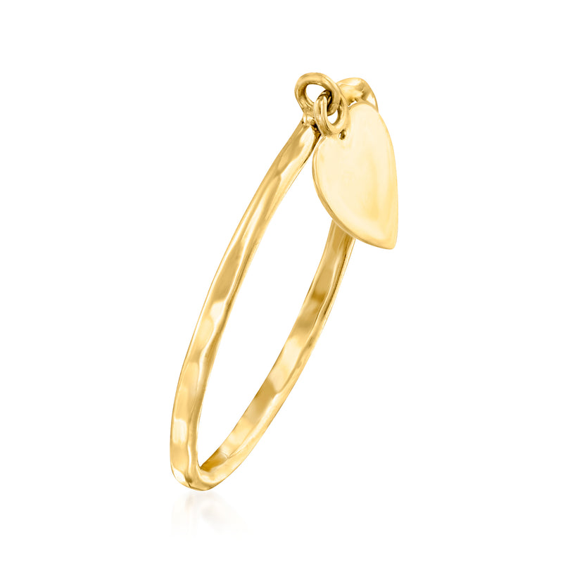 Yellow gold heart charm ring, side view with heart dangle
