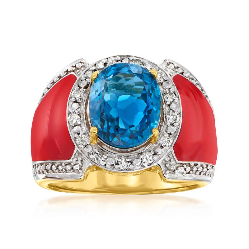 18kt gold ring with oval blue topaz center, diamond halo, red enamel shoulders