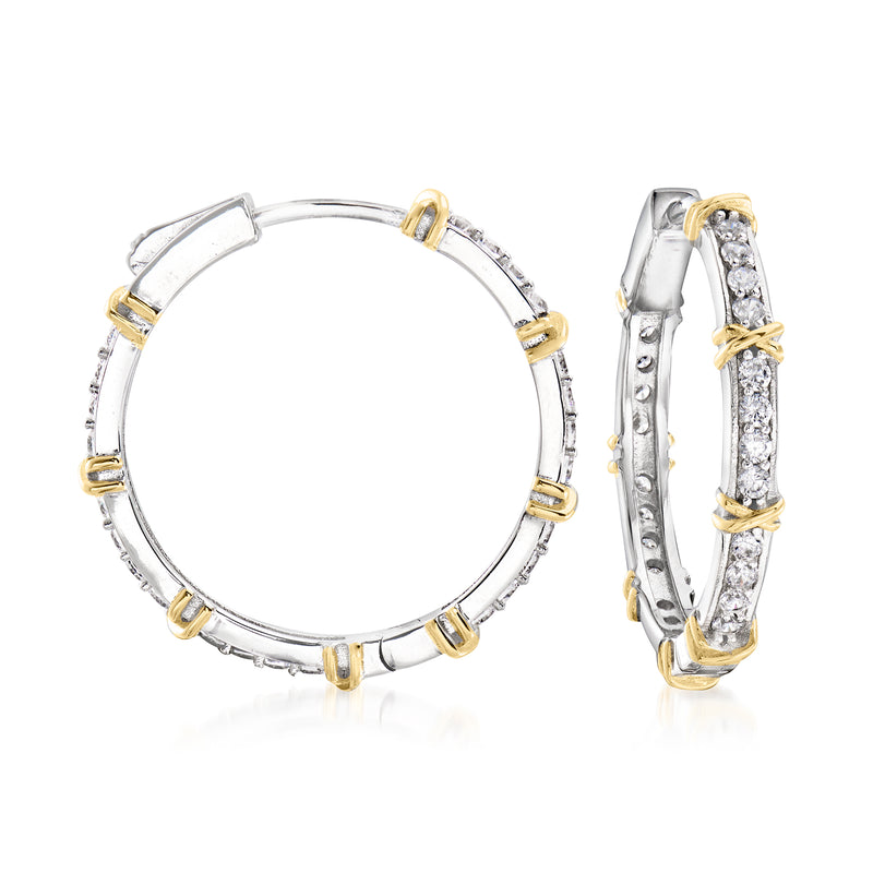 Sterling silver hoop earrings with gold accents and round CZ stones, hinged design