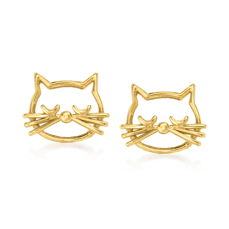 14kt yellow gold cat outline stud earrings with bow detail