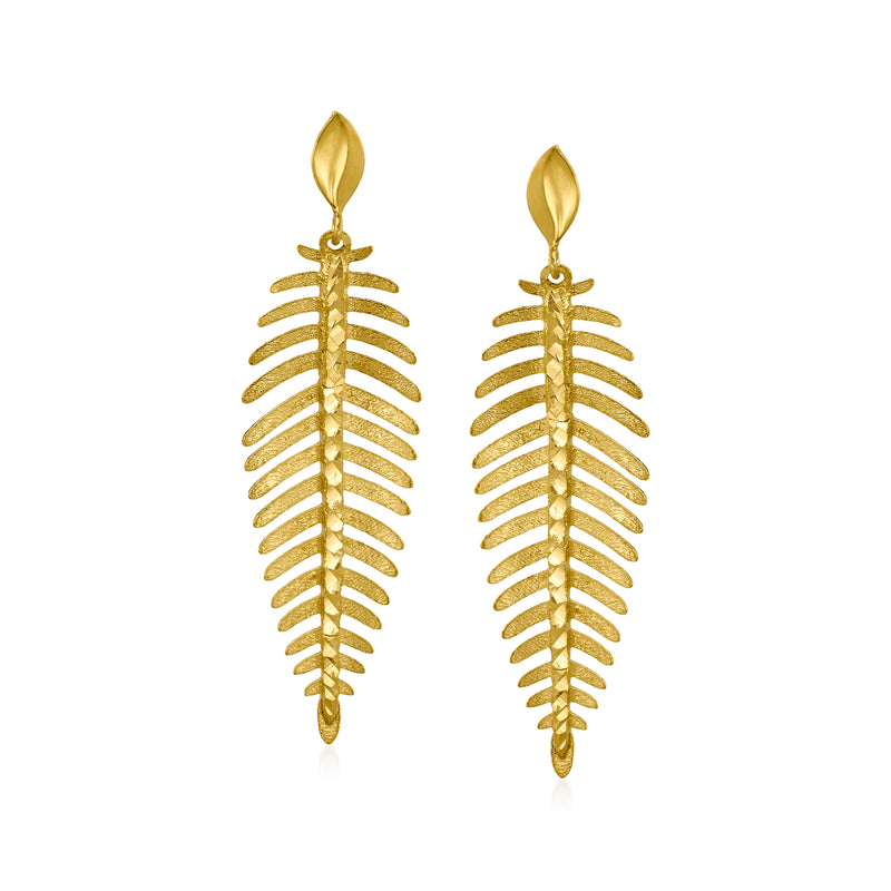 14kt yellow gold leaf drop earrings with ribbed fan design