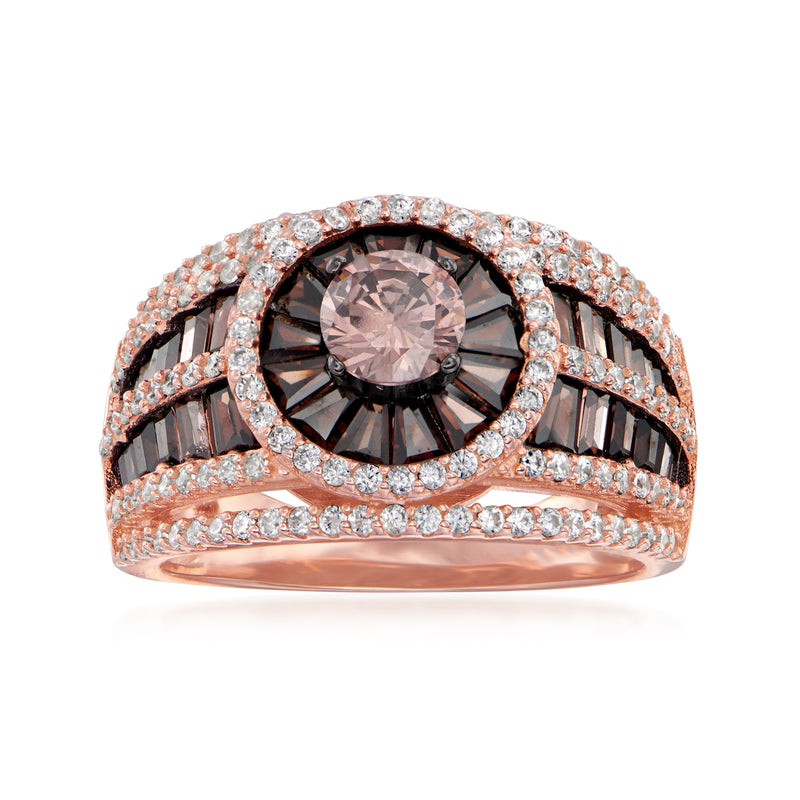 Rose gold CZ ring with round brown center stone, white halo, ornate split band