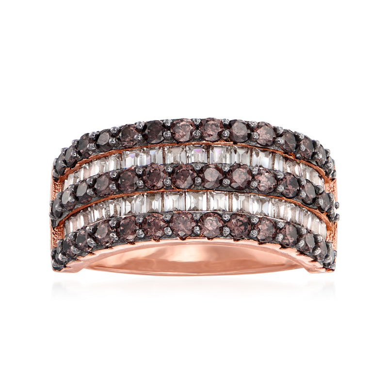 Rose gold tone CZ band ring with three rows of brown and clear stones