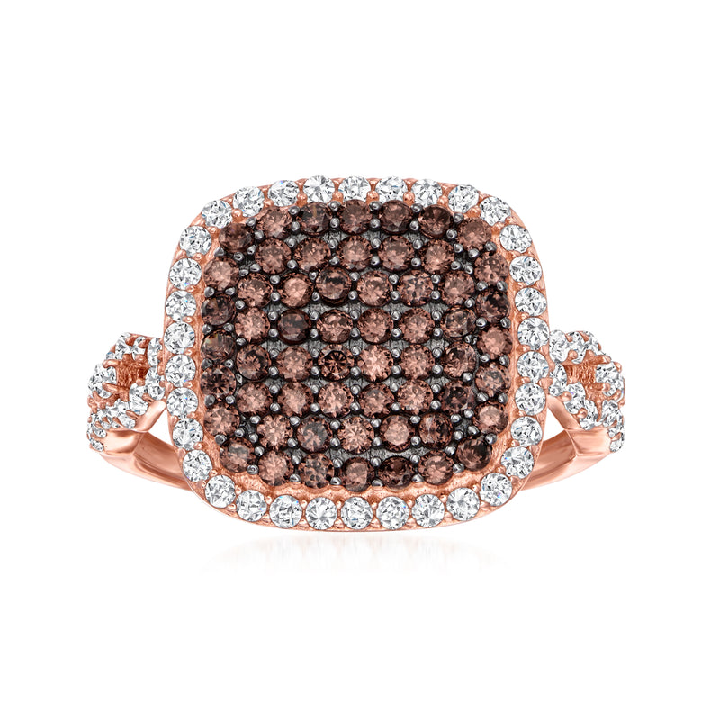 Rose gold CZ ring with oval brown stone cluster and white halo border