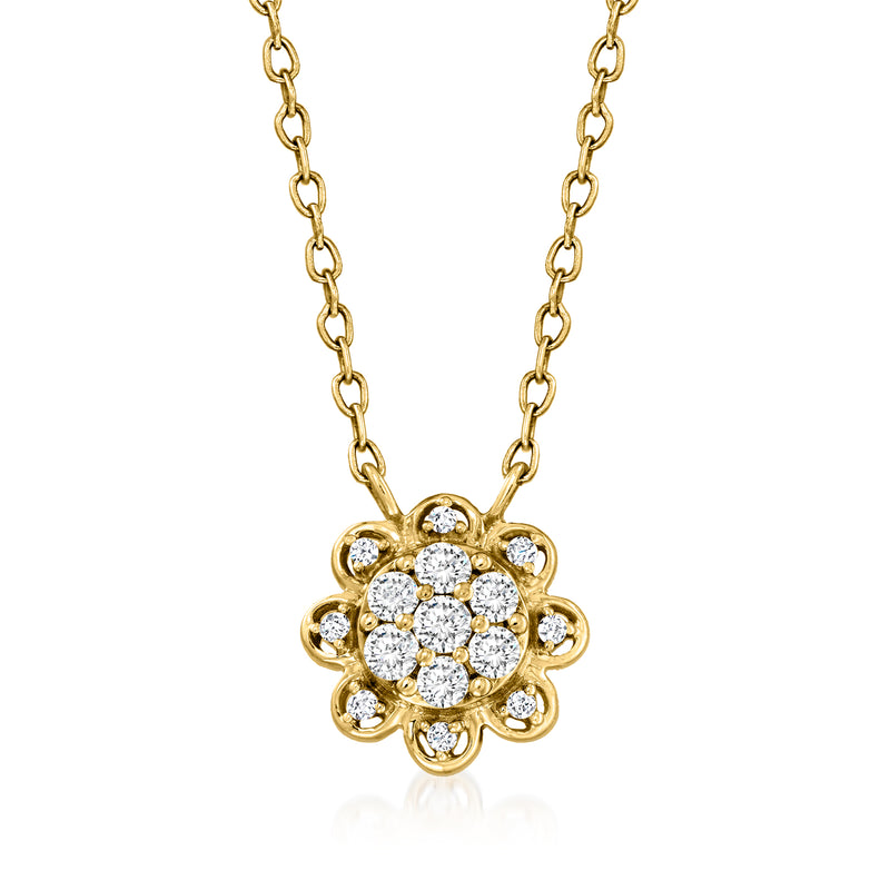 14kt yellow gold diamond flower necklace with clustered round stones on chain