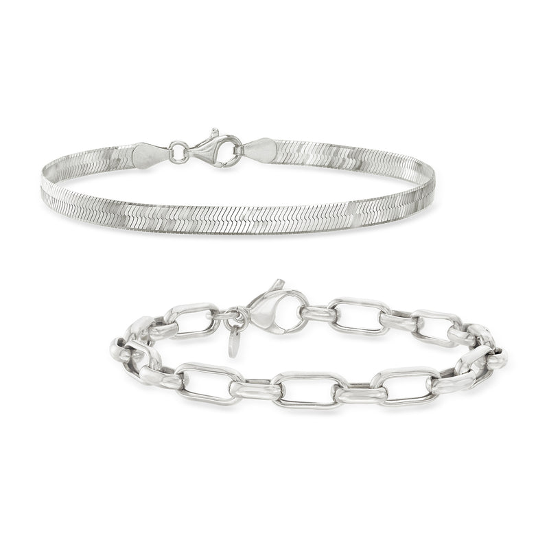 Sterling silver jewelry set of herringbone and paper clip link bracelets