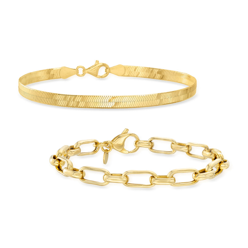 18kt gold over sterling jewelry set with herringbone and paper clip link bracelets