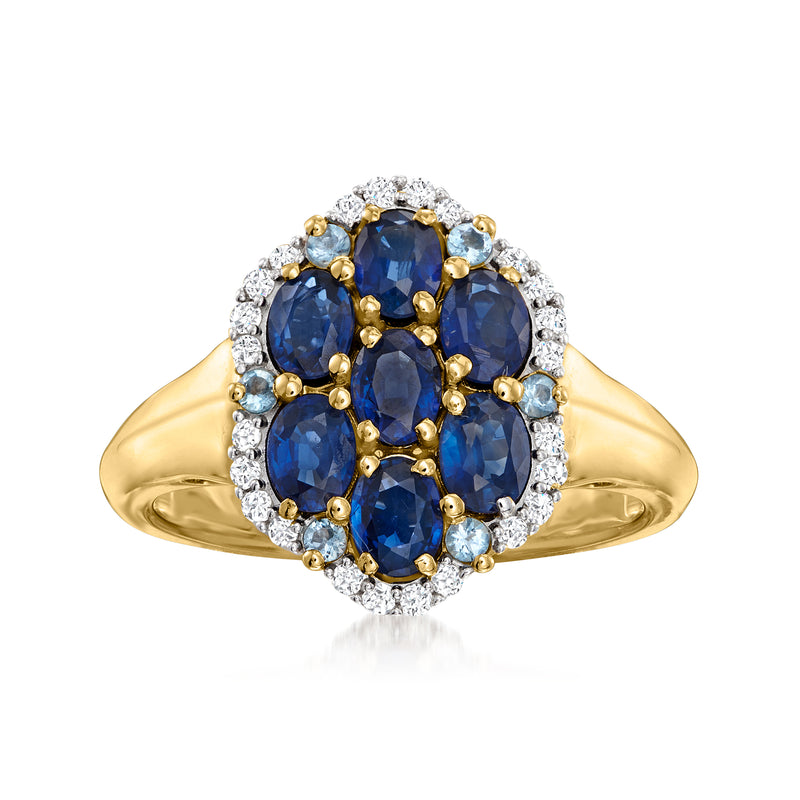 14kt yellow gold ring with oval blue sapphires and round diamond accents