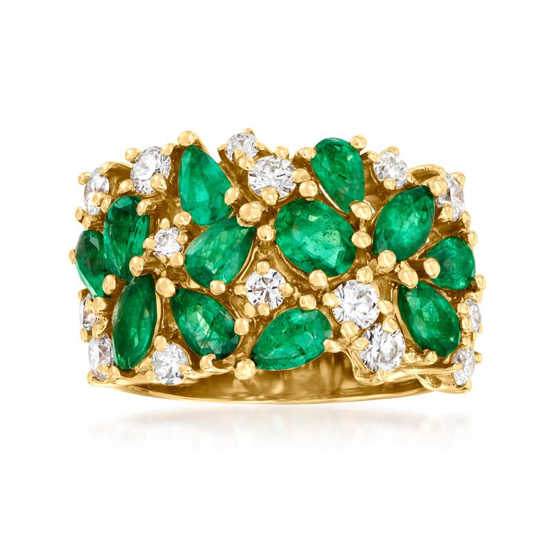 14kt yellow gold ring with oval emerald-green stones and round white diamonds