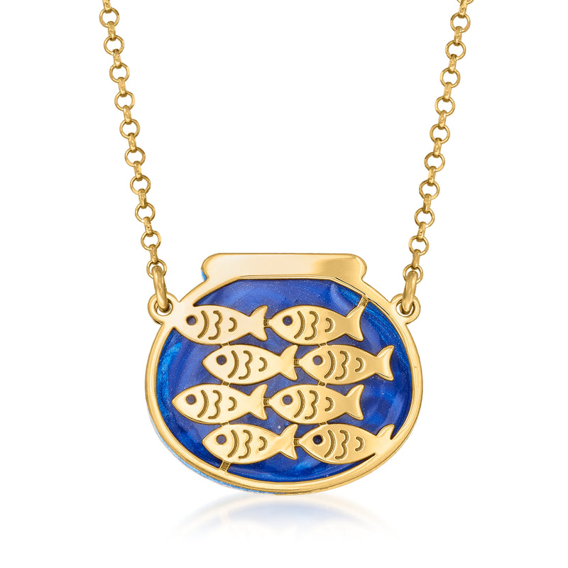 18kt gold over sterling blue enamel fishbowl pendant necklace with gold fish